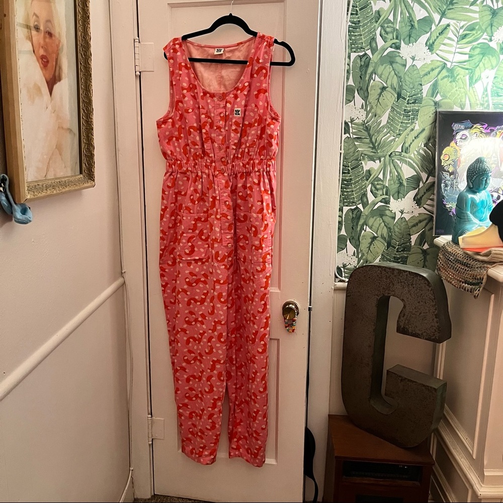 Juni Organic Twill Boilersuit in Pink & Red 'Eve' Print